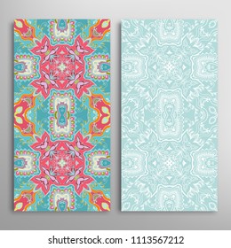 Vertical seamless patterns set, floral geometric lace texture for Wedding, Valentine's day, greeting cards or Birthday Invitations. Decorative seamless backgrounds. Ethnic ornament, border pattern