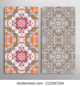 Vertical seamless patterns set, floral geometric lace texture for Wedding, Valentine's day, greeting cards or Birthday Invitations. Decorative seamless backgrounds. Ethnic ornament, border pattern
