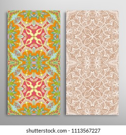 Vertical seamless patterns set, floral geometric lace texture for Wedding, Valentine's day, greeting cards or Birthday Invitations. Decorative seamless backgrounds. Ethnic ornament, border pattern