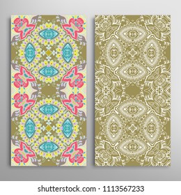 Vertical seamless patterns set, floral geometric lace texture for Wedding, Valentine's day, greeting cards or Birthday Invitations. Decorative seamless backgrounds. Ethnic ornament, border pattern