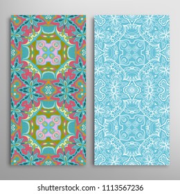 Vertical seamless patterns set, floral geometric lace texture for Wedding, Valentine's day, greeting cards or Birthday Invitations. Decorative seamless backgrounds. Ethnic ornament, border pattern