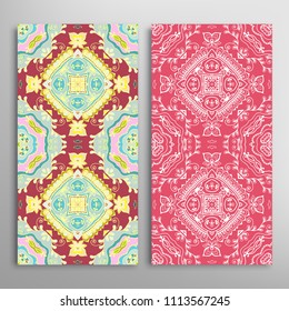 Vertical seamless patterns set, floral geometric lace texture for Wedding, Valentine's day, greeting cards or Birthday Invitations. Decorative seamless backgrounds. Ethnic ornament, border pattern