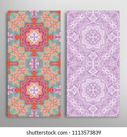 Vertical seamless patterns set, floral geometric lace texture for Wedding, Valentine's day, greeting cards or Birthday Invitations. Decorative seamless backgrounds. Ethnic ornament, border pattern