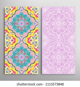 Vertical seamless patterns set, floral geometric lace texture for Wedding, Valentine's day, greeting cards or Birthday Invitations. Decorative seamless backgrounds. Ethnic ornament, border pattern