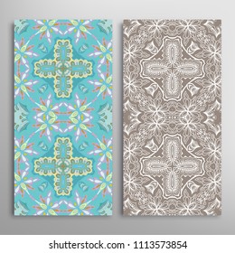 Vertical seamless patterns set, floral geometric lace texture for Wedding, Valentine's day, greeting cards or Birthday Invitations. Decorative seamless backgrounds. Ethnic ornament, border pattern