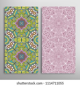 Vertical seamless patterns set, floral geometric lace texture for Wedding, Valentine's day, greeting cards or Birthday Invitations. Decorative seamless backgrounds. Ethnic ornament, border pattern