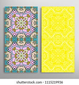 Vertical seamless patterns set, floral geometric lace texture for Wedding, Valentine's day, greeting cards or Birthday Invitations. Decorative seamless backgrounds. Ethnic ornament, border pattern