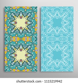 Vertical seamless patterns set, floral geometric lace texture for Wedding, Valentine's day, greeting cards or Birthday Invitations. Decorative seamless backgrounds. Ethnic ornament, border pattern