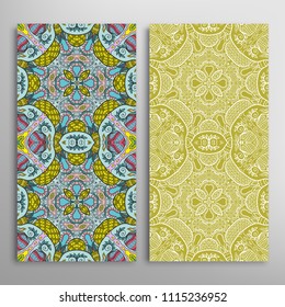 Vertical seamless patterns set, floral geometric lace texture for Wedding, Valentine's day, greeting cards or Birthday Invitations. Decorative seamless backgrounds. Ethnic ornament, border pattern