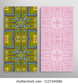 Vertical seamless patterns set, floral geometric lace texture for Wedding, Valentine's day, greeting cards or Birthday Invitations. Decorative seamless backgrounds. Ethnic ornament, border pattern