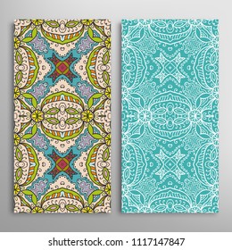 Vertical seamless patterns set, floral geometric lace texture for Wedding, Valentine's day, greeting cards or Birthday Invitations. Decorative seamless backgrounds. Ethnic ornament, border pattern