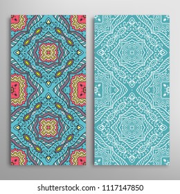 Vertical seamless patterns set, floral geometric lace texture for Wedding, Valentine's day, greeting cards or Birthday Invitations. Decorative seamless backgrounds. Ethnic ornament, border pattern
