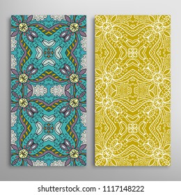 Vertical seamless patterns set, floral geometric lace texture for Wedding, Valentine's day, greeting cards or Birthday Invitations. Decorative seamless backgrounds. Ethnic ornament, border pattern