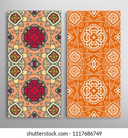 Vertical seamless patterns set, floral geometric lace texture for Wedding, Valentine's day, greeting cards or Birthday Invitations. Decorative seamless backgrounds. Ethnic ornament, border pattern