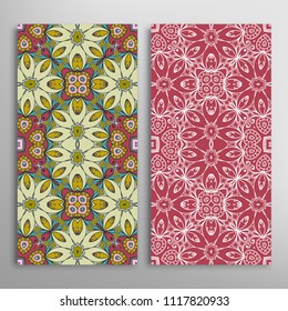 Vertical seamless patterns set, floral geometric lace texture for Wedding, Valentine's day, greeting cards or Birthday Invitations. Decorative seamless backgrounds. Ethnic ornament, border pattern