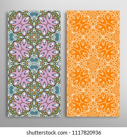 Vertical seamless patterns set, floral geometric lace texture for Wedding, Valentine's day, greeting cards or Birthday Invitations. Decorative seamless backgrounds. Ethnic ornament, border pattern