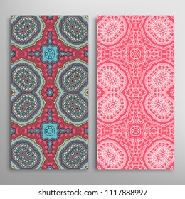 Vertical seamless patterns set, floral geometric lace texture for Wedding, Valentine's day, greeting cards or Birthday Invitations. Decorative seamless backgrounds. Ethnic ornament, border pattern
