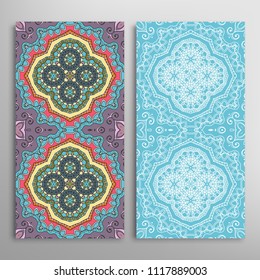 Vertical seamless patterns set, floral geometric lace texture for Wedding, Valentine's day, greeting cards or Birthday Invitations. Decorative seamless backgrounds. Ethnic ornament, border pattern