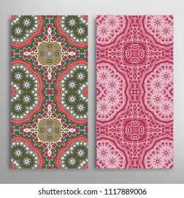 Vertical seamless patterns set, floral geometric lace texture for Wedding, Valentine's day, greeting cards or Birthday Invitations. Decorative seamless backgrounds. Ethnic ornament, border pattern