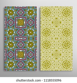 Vertical seamless patterns set, floral geometric lace texture for Wedding, Valentine's day, greeting cards or Birthday Invitations. Decorative seamless backgrounds. Ethnic ornament, border pattern