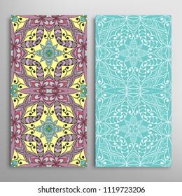 Vertical seamless patterns set, floral geometric lace texture for Wedding, Valentine's day, greeting cards or Birthday Invitations. Decorative seamless backgrounds. Ethnic ornament, border pattern
