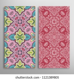 Vertical seamless patterns set, floral geometric lace texture for Wedding, Valentine's day, greeting cards or Birthday Invitations. Decorative seamless backgrounds. Ethnic ornament, border pattern