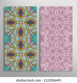 Vertical seamless patterns set, floral geometric lace texture for Wedding, Valentine's day, greeting cards or Birthday Invitations. Decorative seamless backgrounds. Ethnic ornament, border pattern