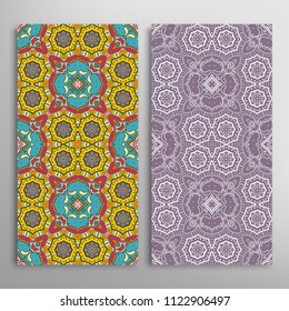 Vertical seamless patterns set, floral geometric lace texture for Wedding, Valentine's day, greeting cards or Birthday Invitations. Decorative seamless backgrounds. Ethnic ornament, border pattern