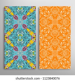 Vertical seamless patterns set, floral geometric lace texture for Wedding, Valentine's day, greeting cards or Birthday Invitations. Decorative seamless backgrounds. Ethnic ornament, border pattern