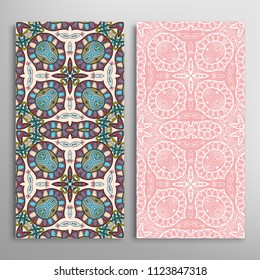 Vertical seamless patterns set, floral geometric lace texture for Wedding, Valentine's day, greeting cards or Birthday Invitations. Decorative seamless backgrounds. Ethnic ornament, border pattern