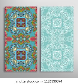 Vertical seamless patterns set, floral geometric lace texture for Wedding, Valentine's day, greeting cards or Birthday Invitations. Decorative seamless backgrounds. Ethnic ornament, border pattern