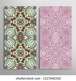 Vertical seamless patterns set, floral geometric lace texture for Wedding, Valentine's day, greeting cards or Birthday Invitations. Decorative seamless backgrounds. Ethnic ornament, border pattern