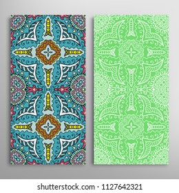 Vertical seamless patterns set, floral geometric lace texture for Wedding, Valentine's day, greeting cards or Birthday Invitations. Decorative seamless backgrounds. Ethnic ornament, border pattern