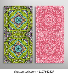 Vertical seamless patterns set, floral geometric lace texture for Wedding, Valentine's day, greeting cards or Birthday Invitations. Decorative seamless backgrounds. Ethnic ornament, border pattern