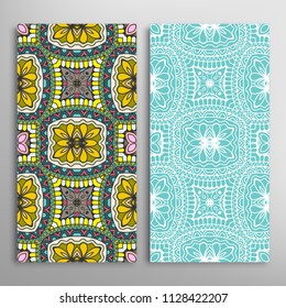 Vertical seamless patterns set, floral geometric lace texture for Wedding, Valentine's day, greeting cards or Birthday Invitations. Decorative seamless backgrounds. Ethnic ornament, border pattern