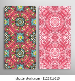 Vertical seamless patterns set, floral geometric lace texture for Wedding, Valentine's day, greeting cards or Birthday Invitations. Decorative seamless backgrounds. Ethnic ornament, border pattern