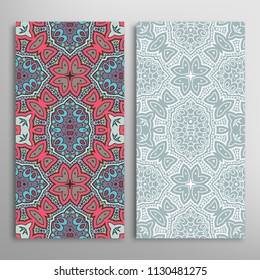 Vertical seamless patterns set, floral geometric lace texture for Wedding, Valentine's day, greeting cards or Birthday Invitations. Decorative seamless backgrounds. Ethnic ornament, border pattern