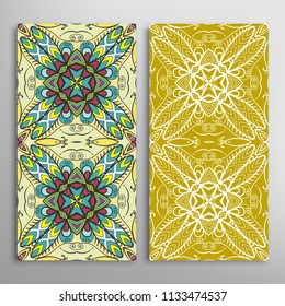 Vertical seamless patterns set, floral geometric lace texture for Wedding, Valentine's day, greeting cards or Birthday Invitations. Decorative seamless backgrounds. Ethnic ornament, border pattern