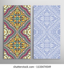 Vertical seamless patterns set, floral geometric lace texture for Wedding, Valentine's day, greeting cards or Birthday Invitations. Decorative seamless backgrounds. Ethnic ornament, border pattern