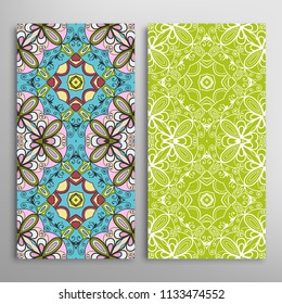 Vertical seamless patterns set, floral geometric lace texture for Wedding, Valentine's day, greeting cards or Birthday Invitations. Decorative seamless backgrounds. Ethnic ornament, border pattern