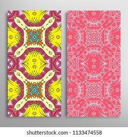 Vertical seamless patterns set, floral geometric lace texture for Wedding, Valentine's day, greeting cards or Birthday Invitations. Decorative seamless backgrounds. Ethnic ornament, border pattern