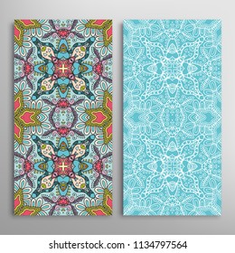 Vertical seamless patterns set, floral geometric lace texture for Wedding, Valentine's day, greeting cards or Birthday Invitations. Decorative seamless backgrounds. Ethnic ornament, border pattern