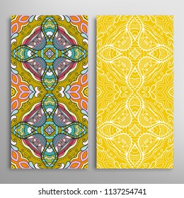 Vertical seamless patterns set, floral geometric lace texture for Wedding, Valentine's day, greeting cards or Birthday Invitations. Decorative seamless backgrounds. Ethnic ornament, border pattern