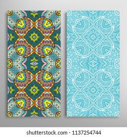 Vertical seamless patterns set, floral geometric lace texture for Wedding, Valentine's day, greeting cards or Birthday Invitations. Decorative seamless backgrounds. Ethnic ornament, border pattern