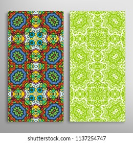 Vertical seamless patterns set, floral geometric lace texture for Wedding, Valentine's day, greeting cards or Birthday Invitations. Decorative seamless backgrounds. Ethnic ornament, border pattern
