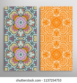Vertical seamless patterns set, floral geometric lace texture for Wedding, Valentine's day, greeting cards or Birthday Invitations. Decorative seamless backgrounds. Ethnic ornament, border pattern