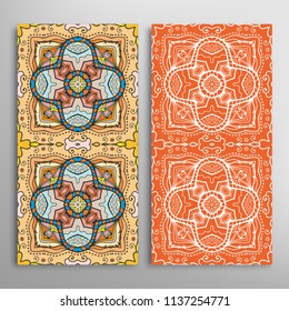 Vertical seamless patterns set, floral geometric lace texture for Wedding, Valentine's day, greeting cards or Birthday Invitations. Decorative seamless backgrounds. Ethnic ornament, border pattern