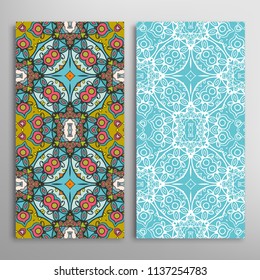 Vertical seamless patterns set, floral geometric lace texture for Wedding, Valentine's day, greeting cards or Birthday Invitations. Decorative seamless backgrounds. Ethnic ornament, border pattern