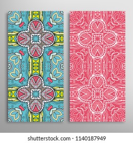 Vertical seamless patterns set, floral geometric lace texture for Wedding, Valentine's day, greeting cards or Birthday Invitations. Decorative seamless backgrounds. Ethnic ornament, border pattern