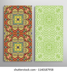 Vertical seamless patterns set, floral geometric lace texture for Wedding, Valentine's day, greeting cards or Birthday Invitations. Decorative seamless backgrounds. Ethnic ornament, border pattern